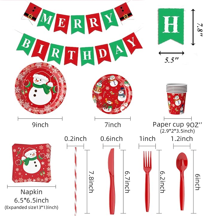 Christmas Themed Happy Birthday Party Decorations, Plates Napkins Cups Tableware, Christmas Snowman Backdrop Tablecloth, Happy Birthday Banner, Cake Topper, Colorful Printed Balloons for Kids Adults