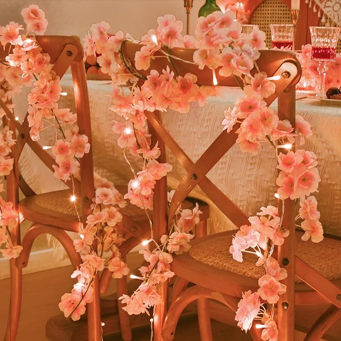 Sunm Boutique 12-Pack 70.8 Ft Artificial Cherry Blossom Garland Cherry Blossom Hanging Vine with 65.6 Ft Long 160 LED String Lights Silk Sakura Vines Garland for Wedding Party Home Decor, Pink