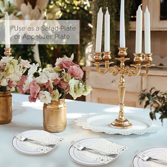 Stylish 7.5 Inch White and Silver Plastic Plates, Disposable Forks and Cocktail Napkins (100 Set), Silver Dessert Plates, Small Appetizer Plates, Disposable Cake Plates for Wedding Reception