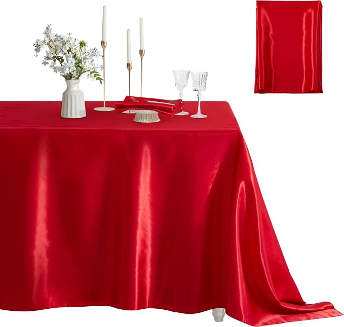 1 Pack Satin Table Cover Rectangle Silkly Soft Table Cloth, Satin Dining Table Cloths for Wedding Banquet Table Decoration, Dining Room, Indoor and Outdoor Use, 60 x 102 Inches, Red