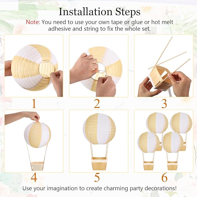 Namalu 24 Set Hot Air Balloon Table Centerpieces Baby Shower Party Decoration Paper Lanterns with Wooden Basket Sticks for Summer Birthday School DIY Craft(White Khaki)