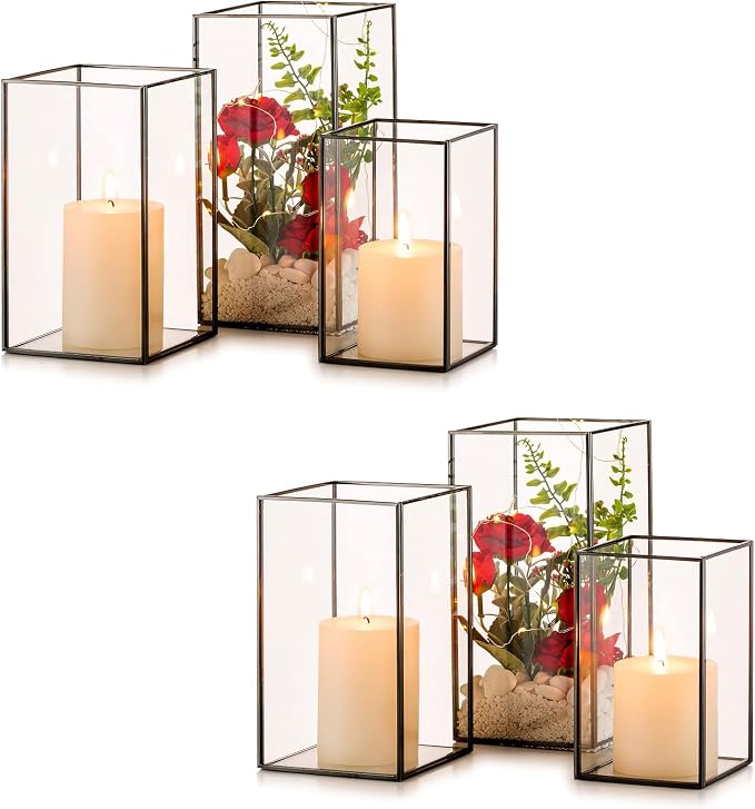 Nuptio Glass Candle Holders Hurricane Holder for Pillar Candles 6 Pcs Black Metal Candle Holders Large Rectangular Candleholder Vase Centerpieces Decoration for Wedding Fireplace 9.5 & 8.1 & 6.5 inch