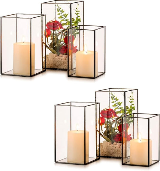 Nuptio Glass Candle Holders Hurricane Holder for Pillar Candles 6 Pcs Black Metal Candle Holders Large Rectangular Candleholder Vase Centerpieces Decoration for Wedding Fireplace 9.5 & 8.1 & 6.5 inch