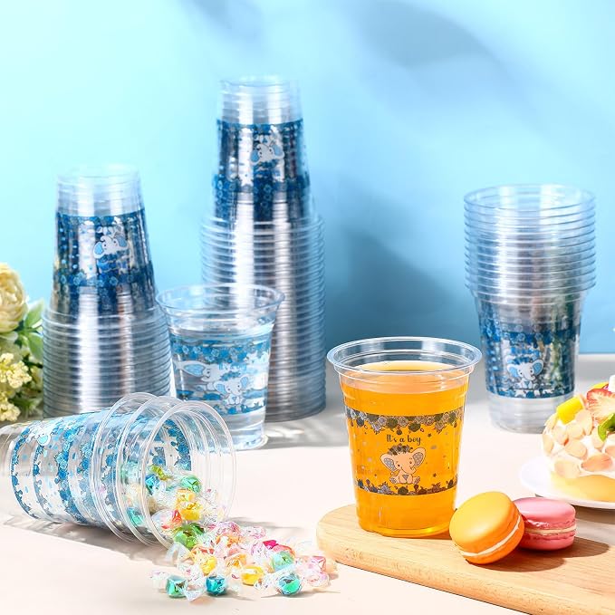 Funnymoom 60 Pack Blue Elephant Baby Shower Cups It's a Boy 12 oz Disposable Clear Plastic Blue Baby Shower Cups for Boy Birthday Gender Reveal Elephant Theme Party Decoration Supplies
