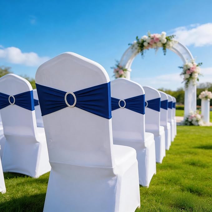 Pack of 100 Wedding Royal Blue Chair Sashes Bows, Elastic Spandex Chair Bands with Silver Buckle Slider for Weddings Birthday Party Baby Shower Events Decorations (Royal Blue)