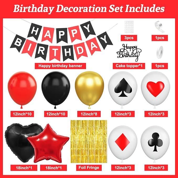 Casino Theme Party Decorations for Men Women, Casino Birthday Decorations with Poker Balloons 'HAPPY BIRTHDAY' Banner Cake Topper Star Foil Balloons Fringe Curtain for Las Vegas Game Night Party Decor