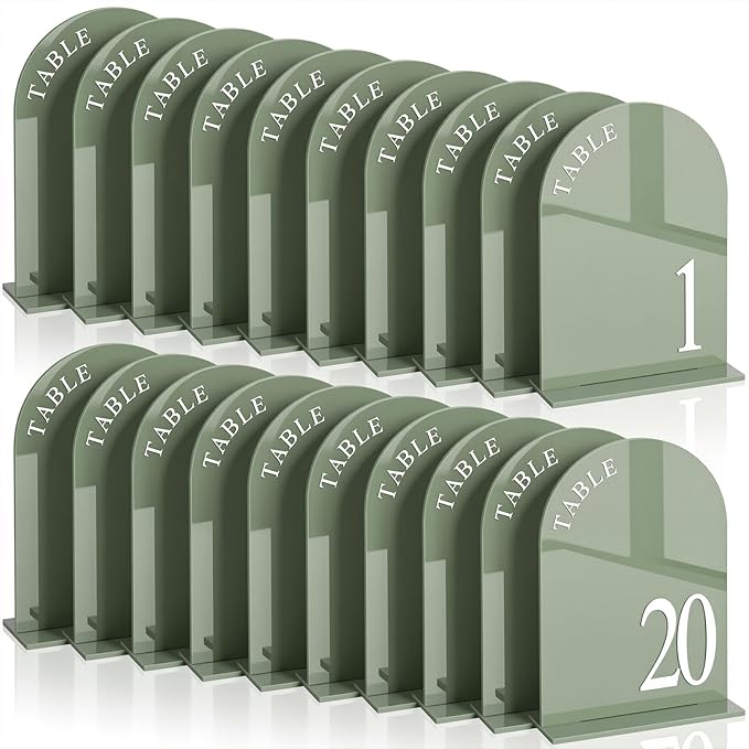 AceOrbit Sage Green Wedding Table Numbers 1-20 with Stands 5" x 7" Green Acrylic Wedding Signs with Holder Elegant Arch Numbered Signage Tabletop Reception Sign for Anniversary, Banquet, Event Decor