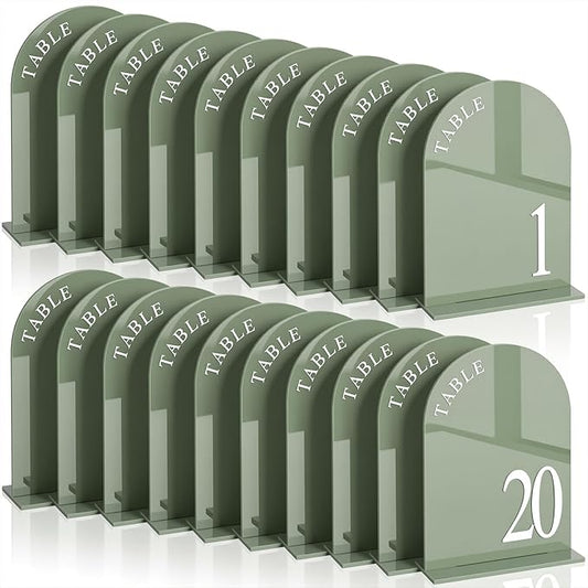 AceOrbit Sage Green Wedding Table Numbers 1-20 with Stands 5" x 7" Green Acrylic Wedding Signs with Holder Elegant Arch Numbered Signage Tabletop Reception Sign for Anniversary, Banquet, Event Decor