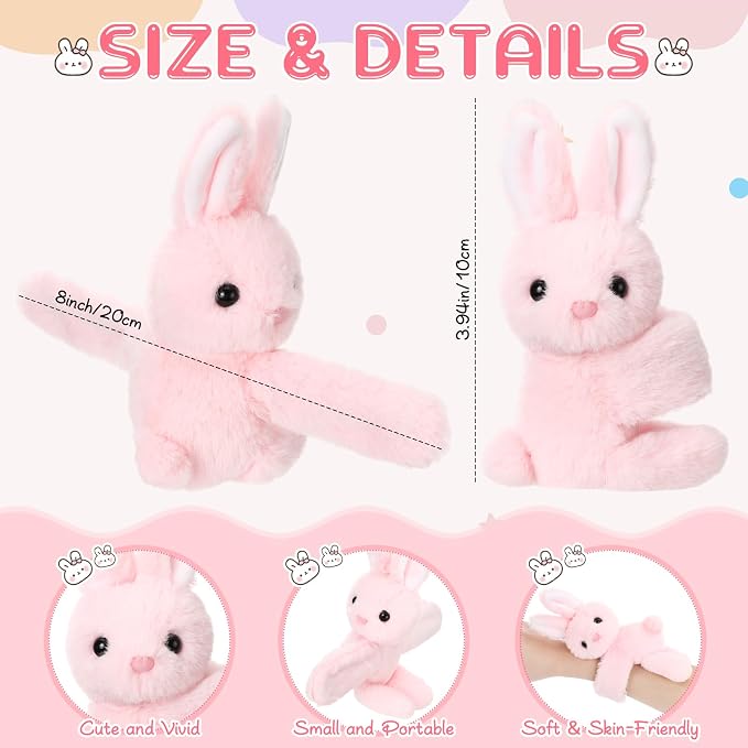 Liliful 8 Pack Kids Plush Gifts Stuffed Animal Cat Slap Bracelets - 8 Inch Back to School Prize Box Toys Wrist Cute Snap Birthday Rewards for Boys Girls Child Pet Adoption Party Favors(Rabbit)