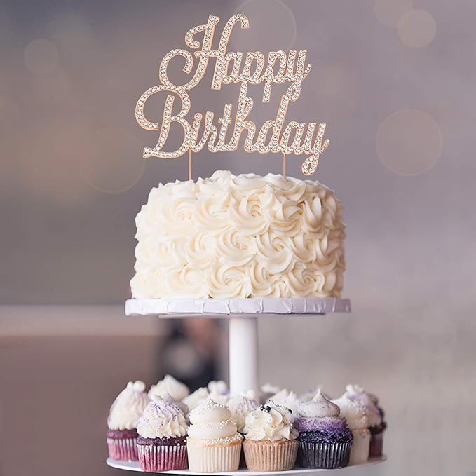 Happy Birthday Cake Topper - Premium Rose Gold Metal - Happy Birthday Party Sparkly Rhinestone Decoration Makes a Great Centerpiece - Now Protected in a Box