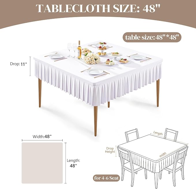 Wish Care White Spandex Tablecloths for 48x48 Inch Square Tables, Stretch Fitted Table Clothes with Pleated Ruffle Skirt for 48” Table, Wrinkle Free and Elastic, for Party Kitchen Home Dining