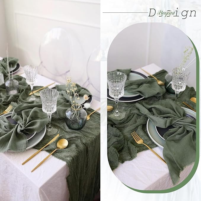 10 Pack Cheesecloth Table Runner - Deep Green Gauze, 10FT Long Semi-Sheer for Boho or Rustic Wedding Decor, Arch Draping, Bridal Shower, Holiday Party
