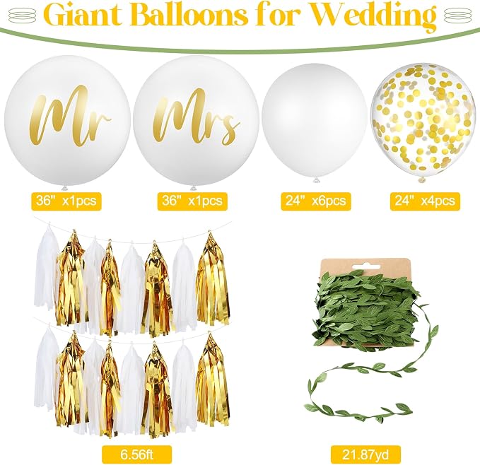 Wettarn 15 Pcs Giant Wedding Decor Kit 36 Inch Jumbo White Mr. Mrs. Balloons with Paper Tassel 24 Inch White Large Married Balloons with 65ft Leaf Ribbon for Wedding Engagement Party Decorations