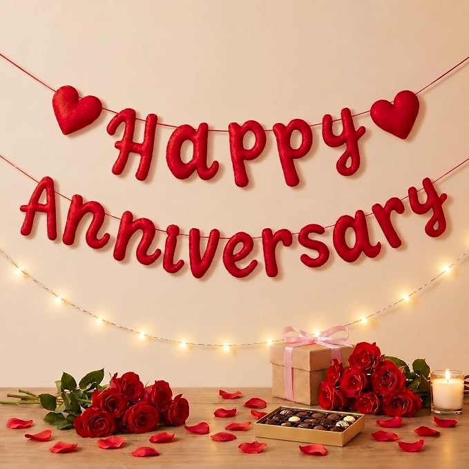 Mindsoft 2 Pcs Pre-Strung 3D Felt Red Happy Anniversary and Heart Garland Banner Reusable Romantic Decorations Happy Anniversary Sign for Wedding Party Decorations Photo Props