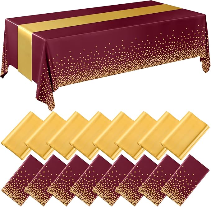 Breling 16 Pack Burgundy and Gold Disposable Plastic Tablecloths and Satin Table Runner Set, 54 x 108 Inch Tablecloth, 12 x 108 Inch Table Runners for Wedding Graduation Birthday Baby Shower