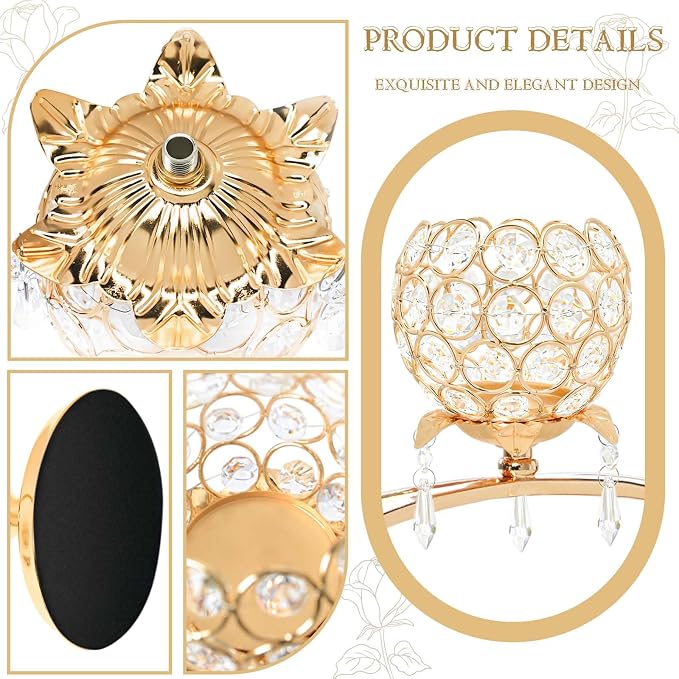 Set of 3 Gold Crystal Tea Light Candlestick Holders Flower Shape with Crystal Pendant Bowl Votive Metal Candle Holder for Table Centerpieces Wedding Home Decor (Set of 3, Gold)