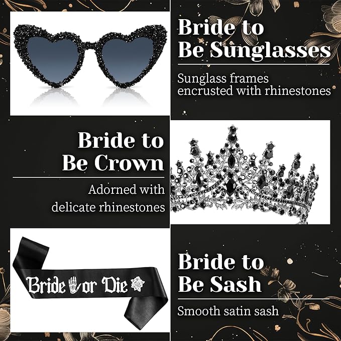 JarThenaAMCS 3 Pcs Bride or Die Bachelorette Party Decoration Set Black Tiara Crown Sash Glasses for Women Halloween Bridal Shower Accessories