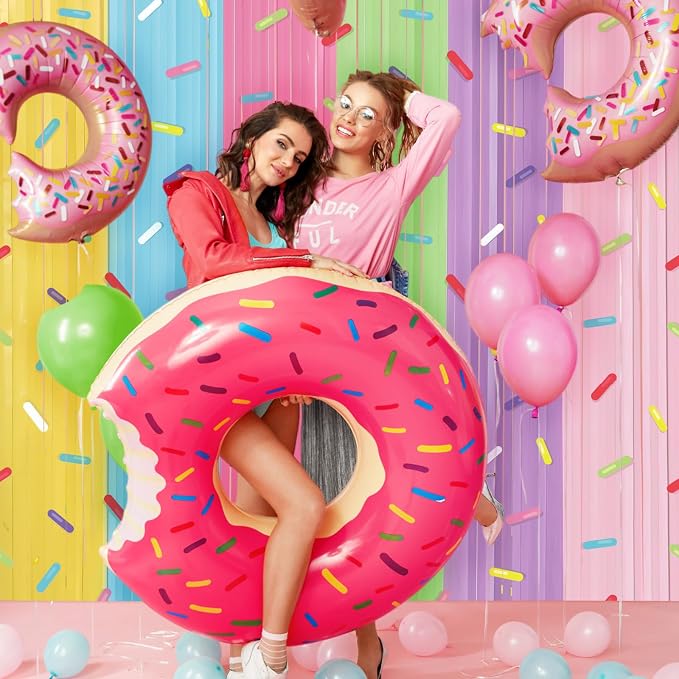 Blosssound 4 Packs Donut Party Decorations 3.3 x 6.6 ft Donut Sprinkle Foil Fringe Curtain Colorful Ice Cream Tinsel Streamers for Easter Birthday Baby Shower Sweet Shop Decoration(4 Packs, Doughnut)