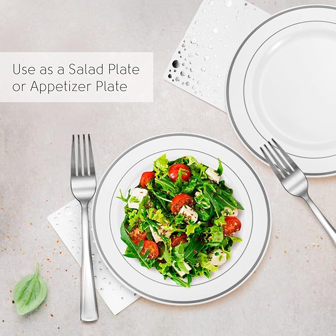 Stylish 7.5 Inch White and Silver Plastic Plates, Disposable Forks and Cocktail Napkins (100 Set), Silver Dessert Plates, Small Appetizer Plates, Disposable Cake Plates for Wedding Reception