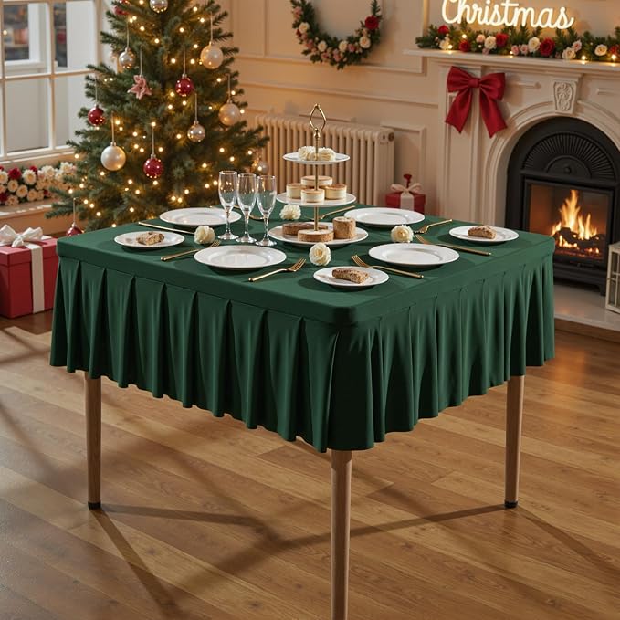 Wish Care Hunter Green Spandex Tablecloths for 34x34 Inch Square Tables, Stretch Fitted Table Clothes with Pleated Ruffle Skirt for 34” Table, Wrinkle Free and Elastic, for Party Kitchen Home Dining