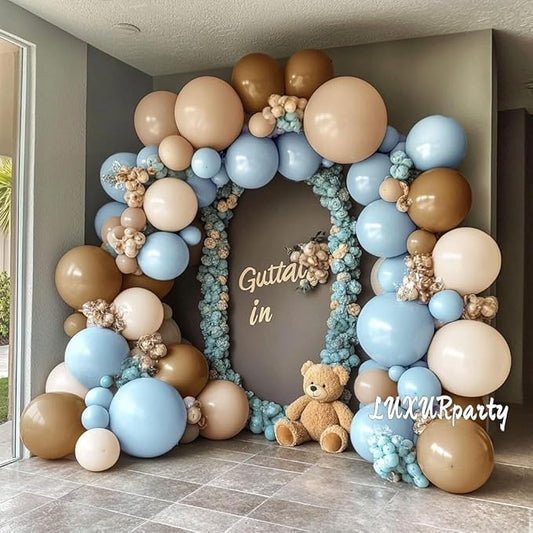 Blue Brown Nude Balloon Garland Double Stuffed Dusty Blue Coffee Pastel Balloon Kit for Teddy Bear Baby Shower Boy Birthday Gender Reveal Boho Theme Party Decoration