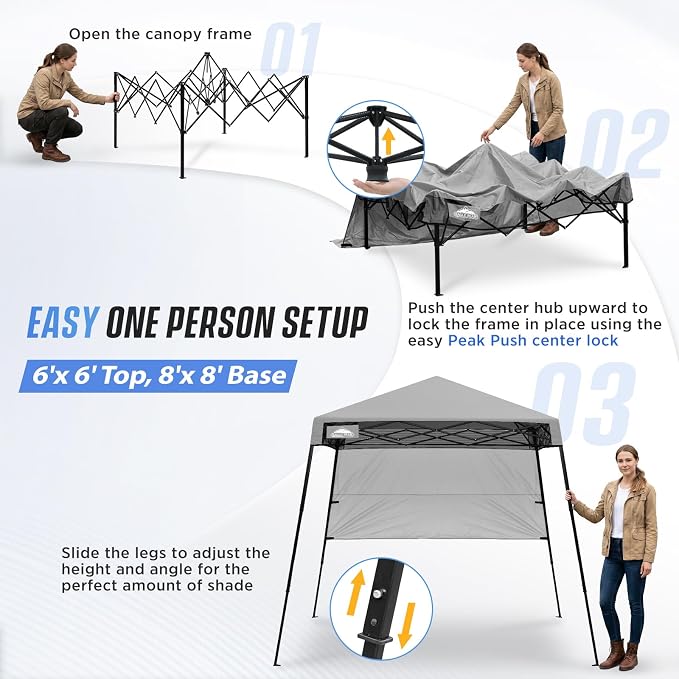 EAGLE PEAK 8x8 Pop Up Canopy Tent with Sidewall, Compact, Portable Slant Leg Instant Sun Shelter for Beach, Sports, & Camping, 8x8 Base 6x6 Top, Light Gray