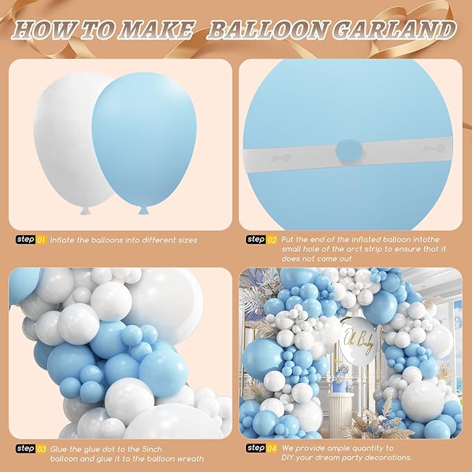 412Pcs Blue and White Balloon Arch Kit, 18 12 10 5 Inch Different Size Light Blue White Balloon Garland Kit for Baby Shower Graduation Birthday Wedding Party Decorations