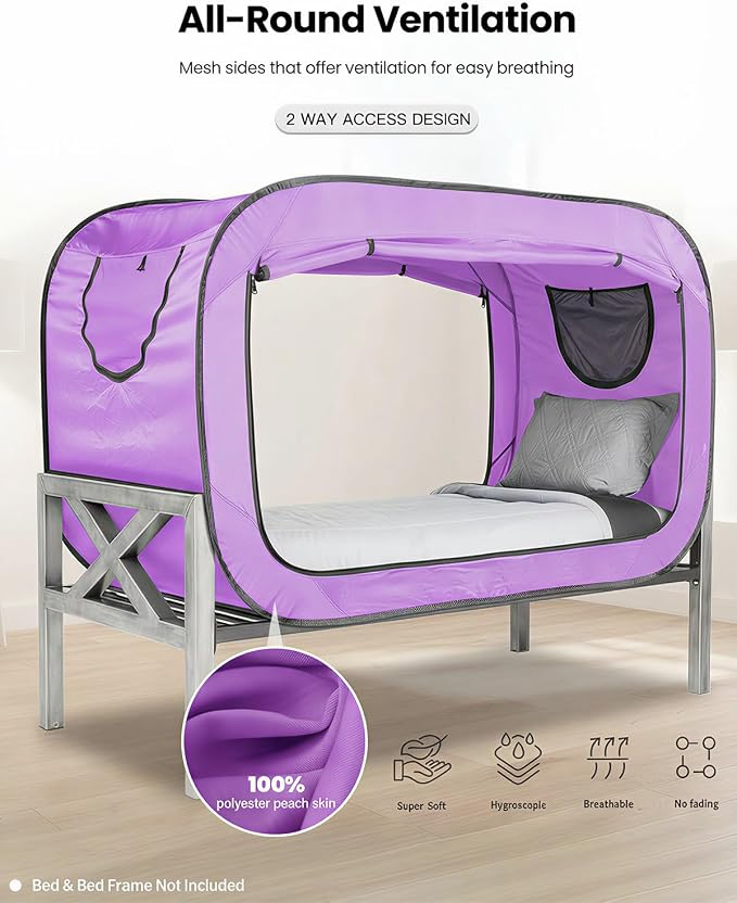 ANC POP Bed Tent Twin Bed Canopy Portable Dream Tent for Adult Indoor Sleeping Tents with 2 Doors Breathable Private Space Tents, Violet