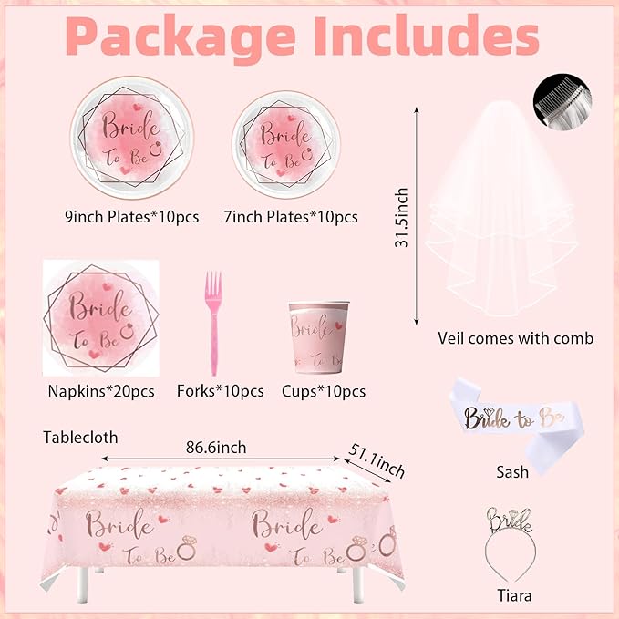 180Pcs Bachelorette Party Decorations,Pink Rose Gold Decor,Bridal Shower Party Supplies Balloon Arch,Bride To Be Party Favors Tableware Set Plates Fork Cups Napkins Tablecloth,Sash,Vail,Tiara