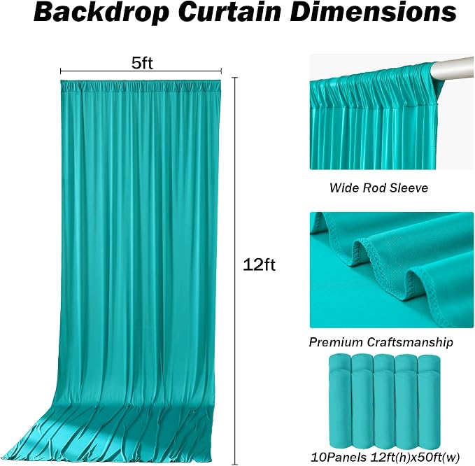 50ft×12ft Turquoise Backdrop Curtains for Wedding Parties, 10 Panels Wrinkle Free Polyester Photo Backdrop Drapes Back Drop Cloth for Birthday Photography Background