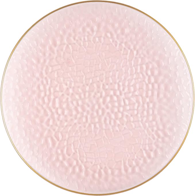 PLASTICPRO 30 Pack Hammered Plastic Plates Heavyweight Disposable Plastic Plates Elegant Clear Platsic Party Dishes (Hammered Pink With Gold Rim, 10'' INCH PLATES)