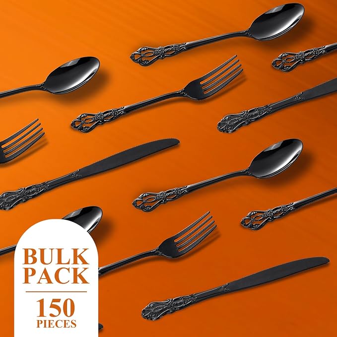 150PCS Black Plastic Silverware - Heavy Duty Disposable Cutlery Sets - Fancy Plastic Utensils Flatware Include 50 Forks, 50 Spoons, 50 Knives for Catering Dinners Wedding Party