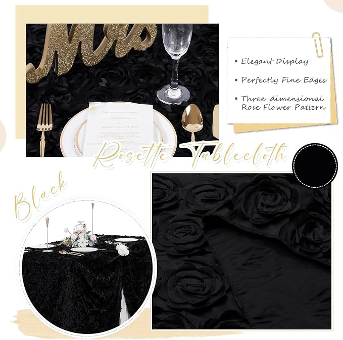 Fanqisi Rosette Tablecloth Black 90x156 Inches Rectangular 3D Floral Satin Rosette Fabric Table Cover Grandiose Wedding Party Baby Shower Decorations