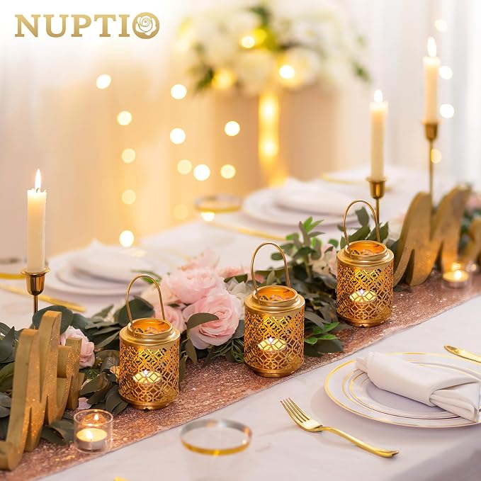 NUPTIO Gold Lanterns for Wedding Centerpieces: 6 Pcs 4.1inch Hanging Metal Tealight Holders Bulk Decorative Mini Tea Lights Indoor Candle Lantern for Thanksgiving Diwali Ramadan Decor (Style 1)