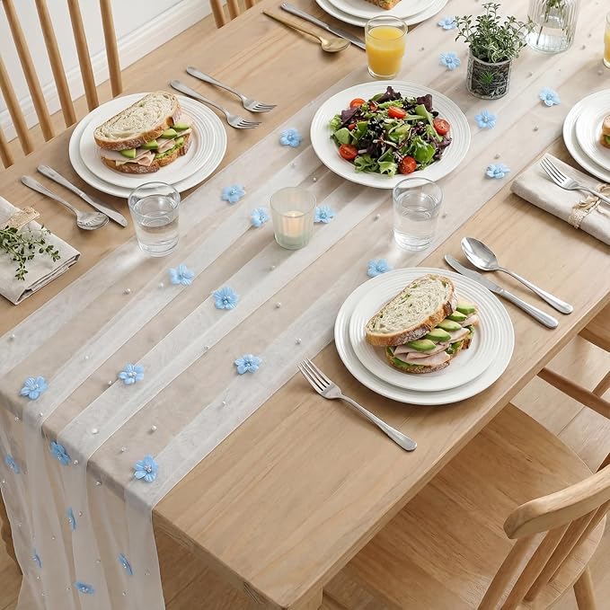 Artoid Mode Blue Flower Pearl White Gauze Table Runner 10FT, Seasonal Sheer Dining Holiday Wedding Birthday Baby Shower Table Decor for Home Party