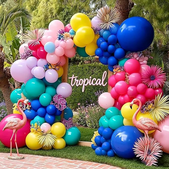 Hot Pink Blue Yellow Balloon Garland, Double Stuffed Royal Blue Teal Lavender Balloons Pastel Balloon Arch Kit for Tropical Hawaii Graduation Birthday Baby Shower Party Decorations
