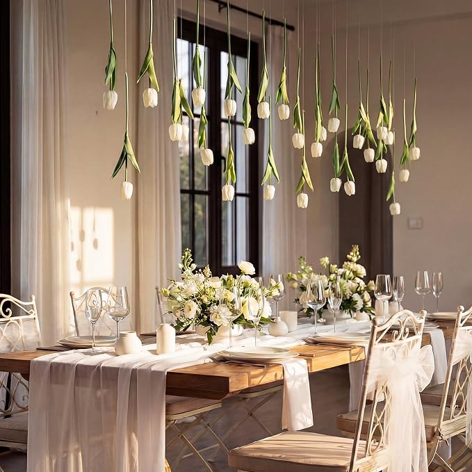 24 Pack White 5 ft Artificial Tulips Hanging Flower Garland Decorations Spring Summer Dangling Faux Tulip Floral Vine Strings with Hooks for Wall Ceiling Wedding Tea Party