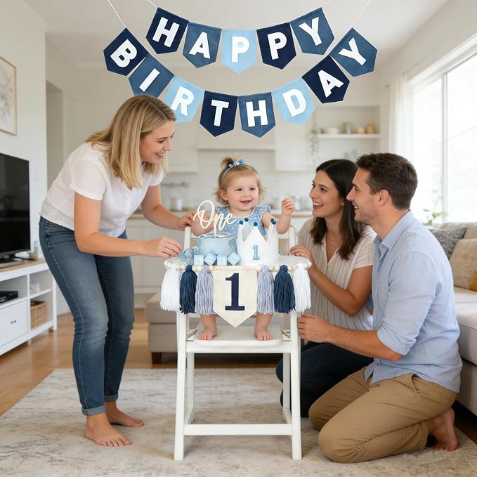 Navy Blue 1st Birthday Decorations for Boy -high chair banner first birthday boy Felt Happy Birthday Banner，birthday cake topper & Crown Hat,All-in-one First Birthday Decor Kit for Baby Boy