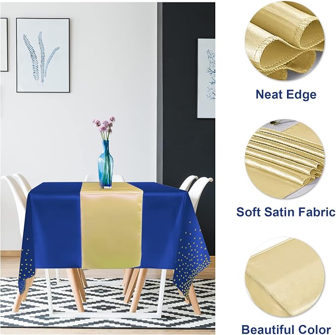 16Pack Disposable Plastic Tablecloths and Satin Table Runner Set Blue and Gold Dot Tablecloth Gold Satin Table Runner for Wedding Birthday Baby Shower Anniversary Christmas New Year Party Decorations