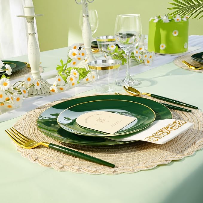 Bestluck 175PCS Green Plastic Dinnerware Set, Green Plastic Plates for 25 Guests, Include 50 Green Gold Plates with 75 Plastic Cutlery, 25 Napkins and 25 Cups
