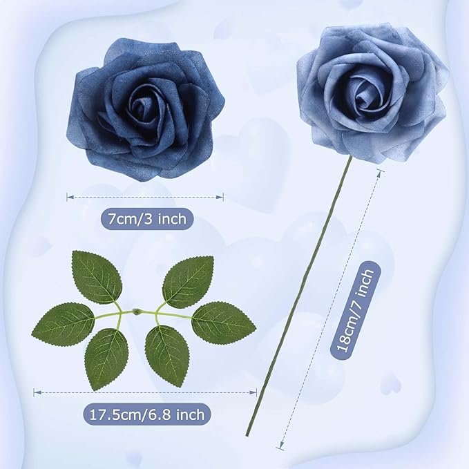 50 Pcs Artificial Foam Rose Flower Faux Bouquet Wedding Fake Rose Gift for Mother's Day Women DIY Bridal Shower Party Table Birthday Home Spring Decor (Dusty Blue Shades)