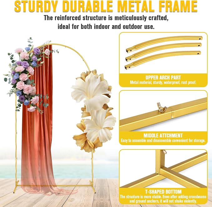 Metal Arch Backdrop Stand Set of 2 (7.2FT and 6FT), Gold Wedding Stand for Wedding, Baby Shower, Birthday Party, Graduation, Indoor, Outdoor, Balloons Flowers, Stable Base, Easy to Assemble