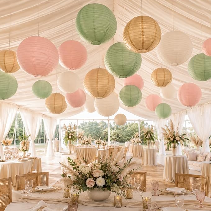 ADLGG 21 Pcs Paper Lanterns Decorative Sets - Sage Green, Pink, Brown Round Hanging Lanterns for Greduation, Woodland Birthday, Neutral Baby Shower, Boho Bridal Shower, Rustic Wedding Party Decor