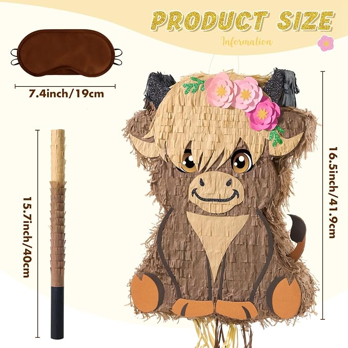 WERNNSAI Highland Cow Piñata - Scottish Cattle Piñata with Blindfold and Bat for Boys Girls Animal Farm Birthday Party Supplies Cute Floral Baby High Land Cow Country Party Favors Gifts Decor