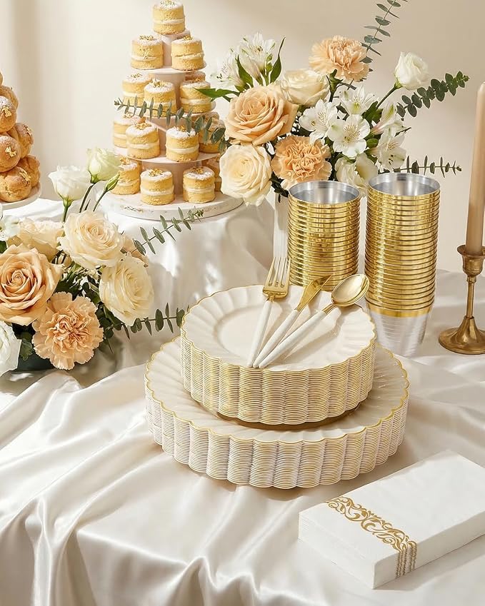 Ciaell 175 PCS Ivory Scalloped Plastic Plates - Gold Disposable Plates Fancy High-end Dinnerware Sets for Wedding & Party (25 Guests)