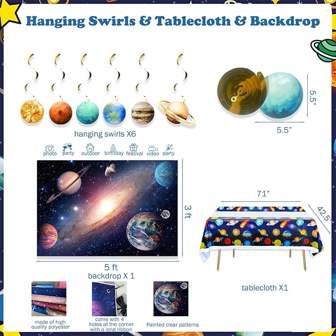 Hombae Space Birthday Party Decorations, Outer Space Galaxy Birthday Decorations Backdrop Balloon Garland Hanging Swirl Banner Tablecloth Cake Topper Solar System Planet Astronaut Rocket Blue
