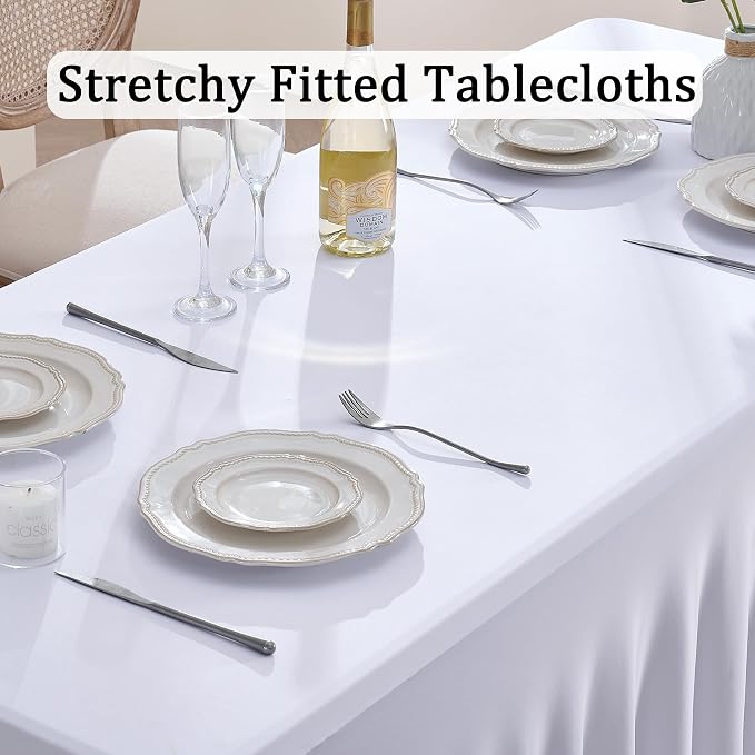 6 Pack Spandex White Table Clothes for 6 Foot Rectangle Tables, Wrinkle Free Stretch Table Cloths 6ft Fitted Tablecover Desk Skirt for Birthday Parties Wedding Banquet Baby Shower