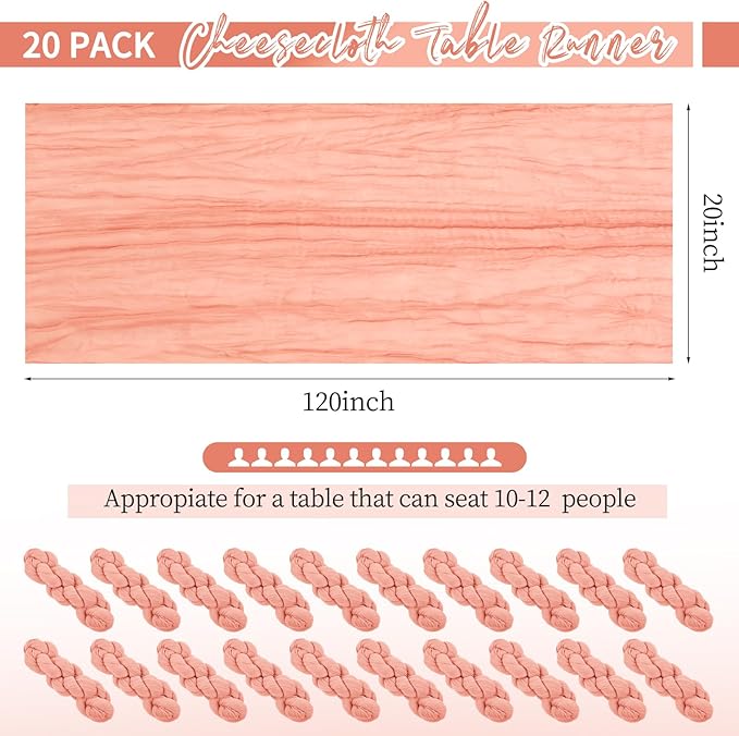 20 Pack Coral Table Runner 10Ft Cheesecloth Table Runner Boho Gauze Table Runners Romantic Long Sheer Fabric Cheese Cloth Table Runners for Wedding Party Bridal Shower