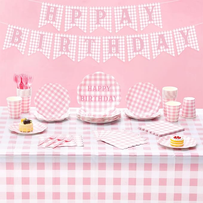 LemonRoad 128 Pcs Pink and White Birthday Party Decoration Women for 25 Guests, Gingham Checkered Light Pink Birthday Paper Plates Napkins Cups Tablecloth Forks Banner for Birthdays Party Supplies