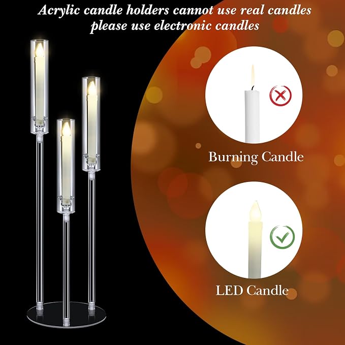 Layhit 6 Set Wedding 3 Arm Acrylic Candelabra Table Centerpiece 30.7" Clear Tall Floor Candle Holder with Shade Pillar Taper Stand for Dining Party Anniversary Birthday Easter Fit 0.87 LED Candle